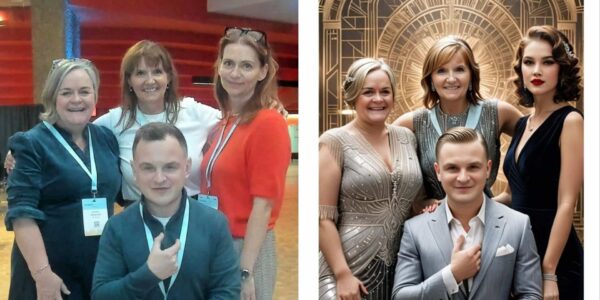Before and after shot of four guests at an AI photo booth.