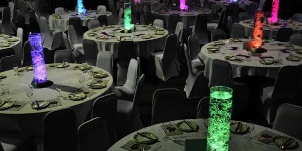 Colourful LED bubble table centrepieces for corporate events.