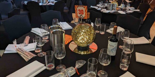 Gold sparkling globe table centrepieces.