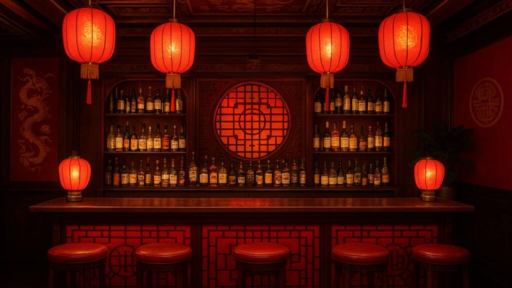 Oriental Chinese New Year themed event bar concept generated by AI.