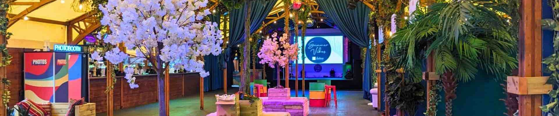 A vibrant festival themed event space with sustainable event services provided by Julia Charles Event Management.