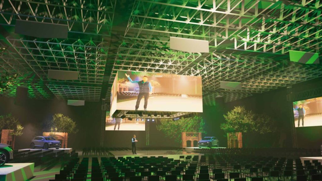 Design render of a sustainability themed event space, with a focus on the ceiling.