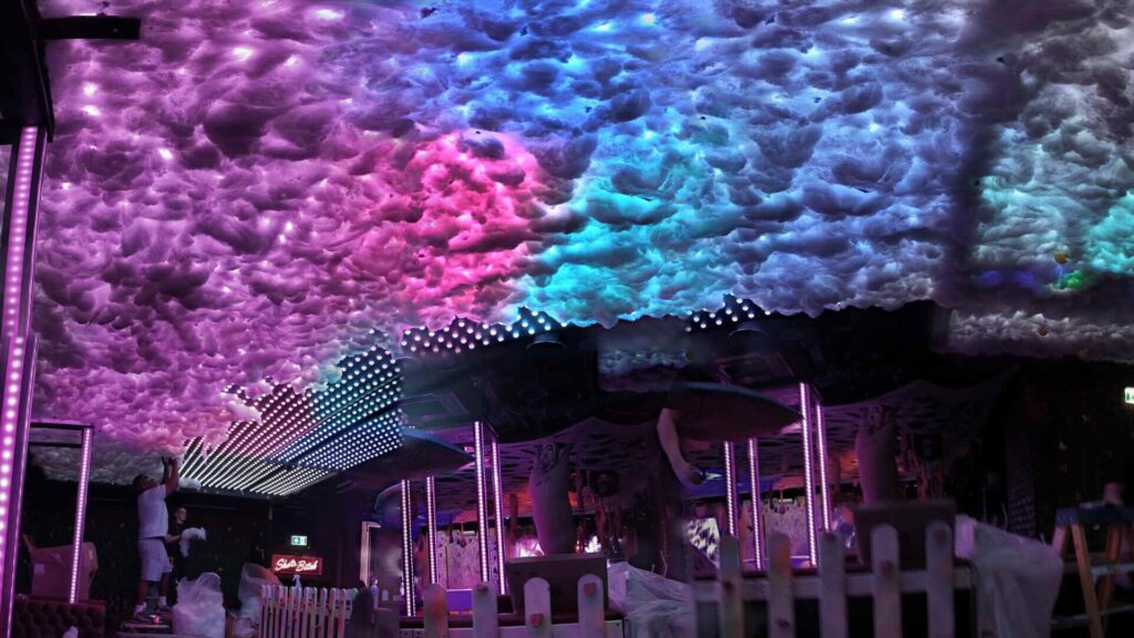 Fever Dream London distorted cloud ceiling design.