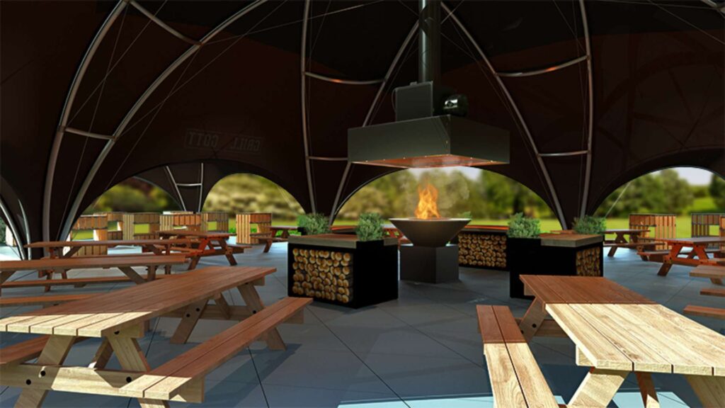 Immersive outdoor dining experience 3D design render. 