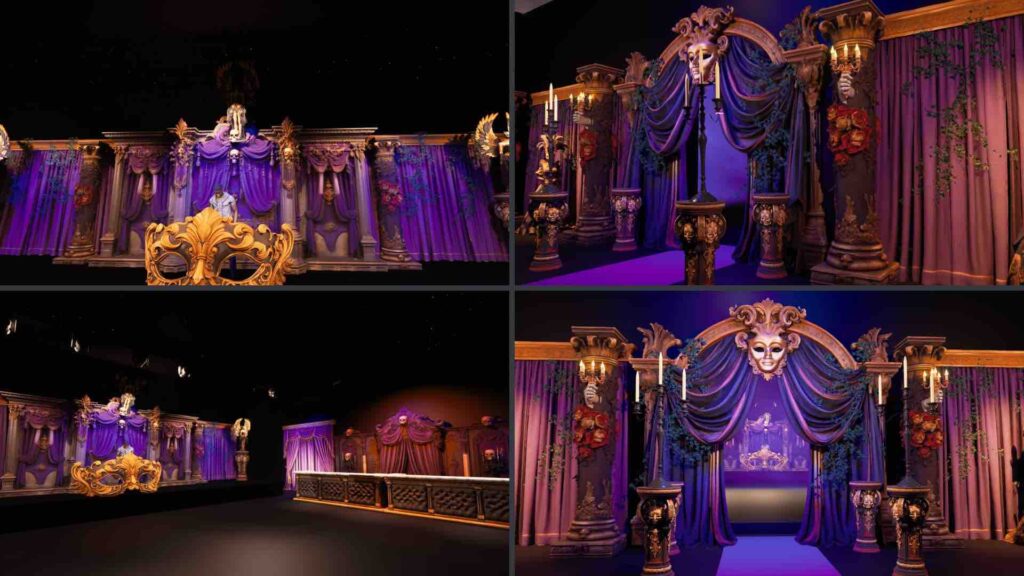 Masquerade themed events design renders including gothic architecture, props and set design.