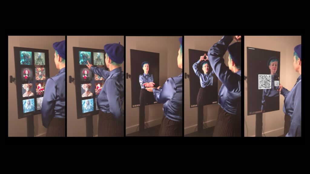 Multiple images of someone interacting with the AI photobooth, selecting their chosen style and posing for shots.