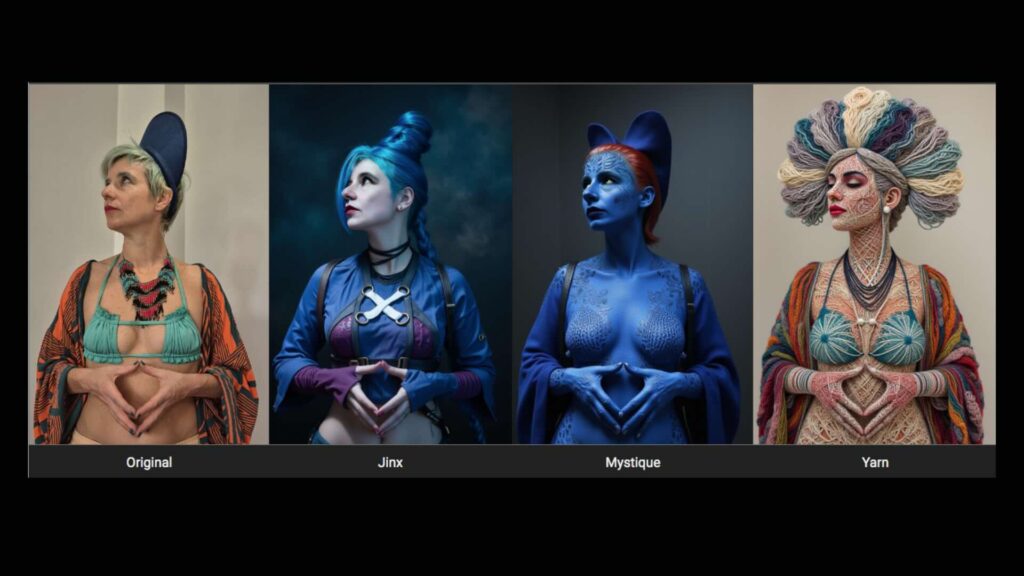 Someone posing for an AI photobooth, with multiple art styles created from their image.
