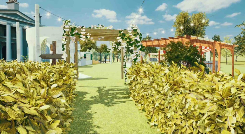A Boho festival theme with green bushes, pagoda's, lighting and blue skies.