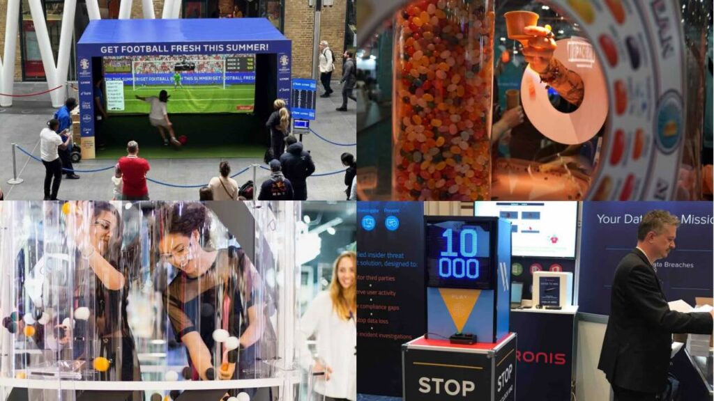 A collage of multiple conference games options, from football kick offs to jelly bean waterfalls.