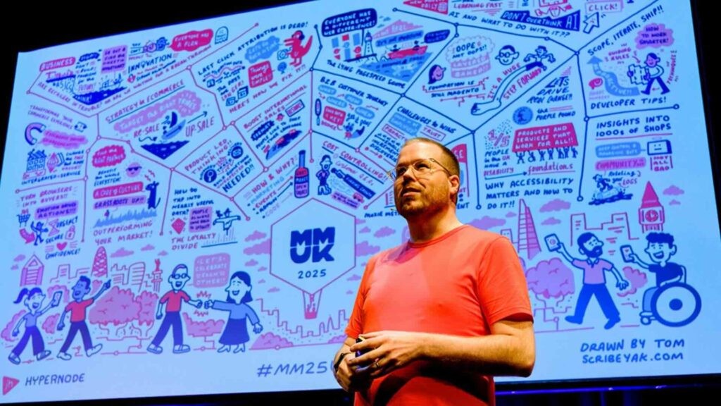 Close-up of conference scribe illustrations on screen.