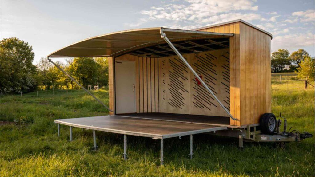An outdoor stage shot in a sunny field, showing off the wooden stage with spacious staging.