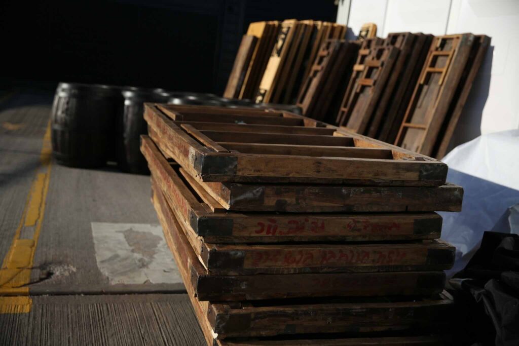 Event wooden pallets outside an event tent.