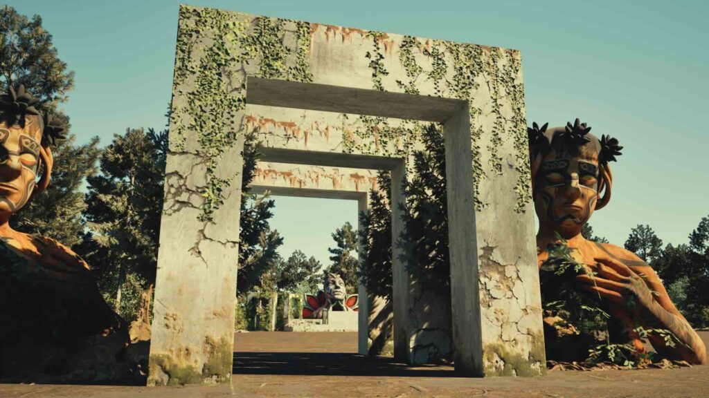 An outdoor stone arch render for a forgotten lands theme, with moss and other realistic features.