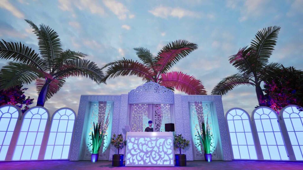 A festival design concept with palm trees behind, a DJ on stage and a white stage with multiple panels and lighting.