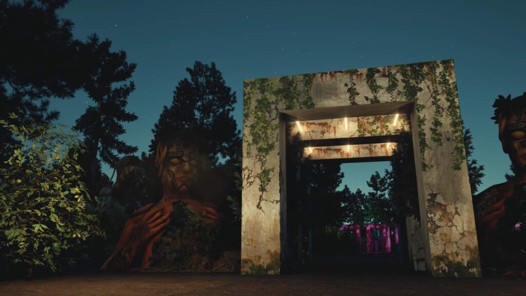 An outdoor stone archway with moss and lighting, illuminating a path with darkness and trees.