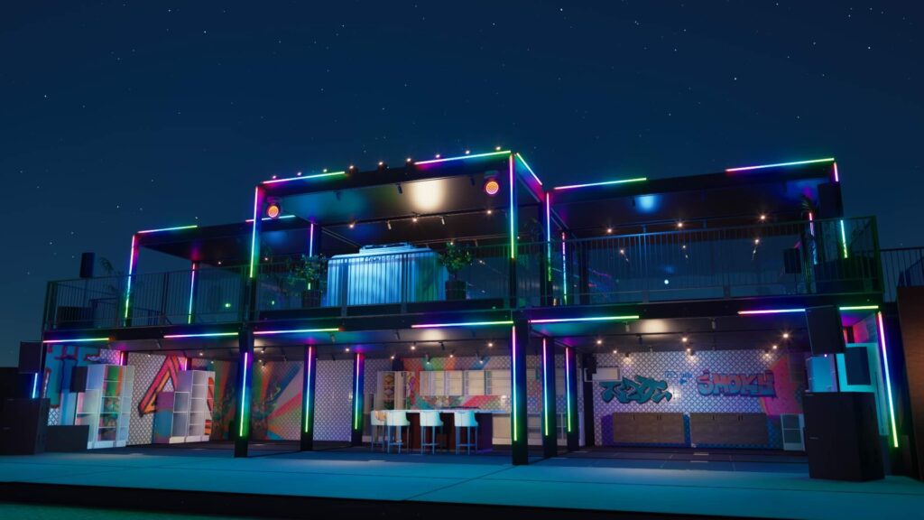 A vivid house party stage design on two levels with colours and intricate layouts.