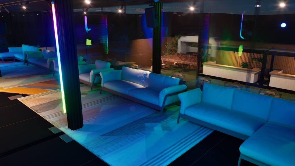Our house party themed design, zoning in on a VIP seating area.