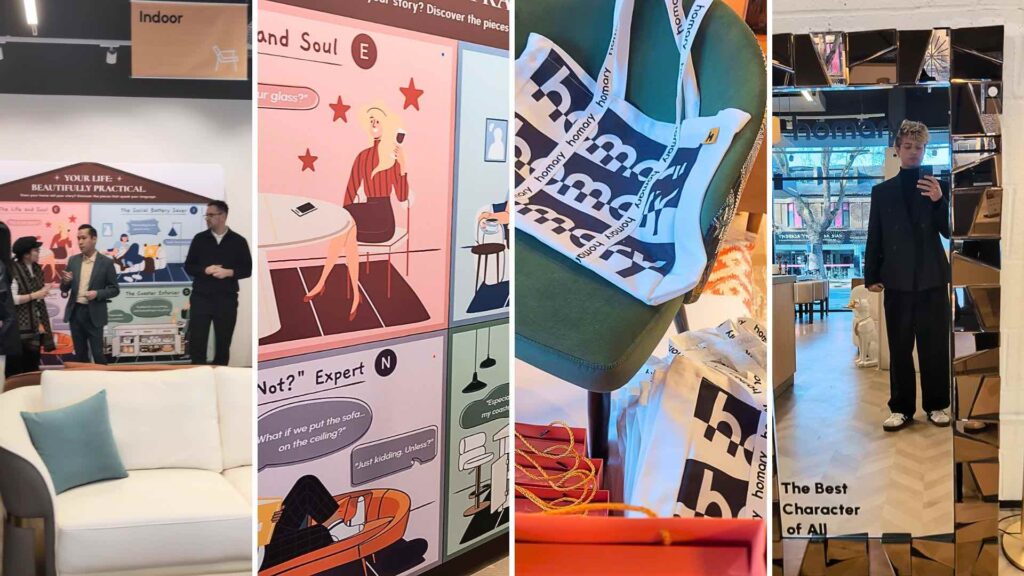 Various elements from Homary story launch in Chiswick London including graphics, mirrors and swag.