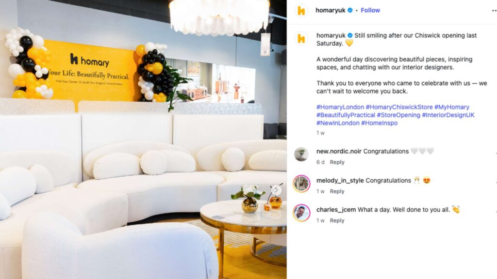 Screenshot of furniture set up and comments from instagram for Homary in store launch.