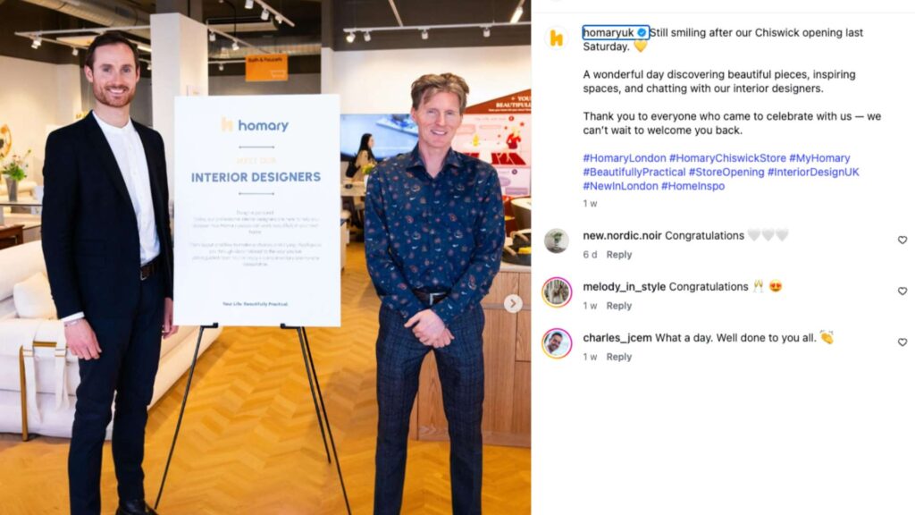 Screenshot of instagram post from Homary opening day launch in London.