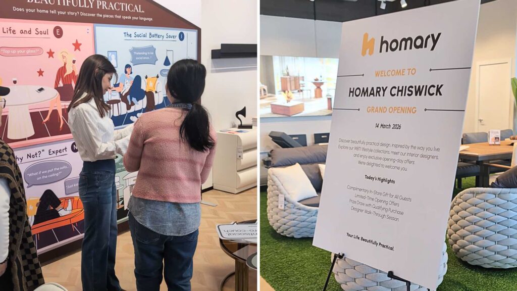 Bespoke Homary store launch signage with in-store designer showing a guest the space.