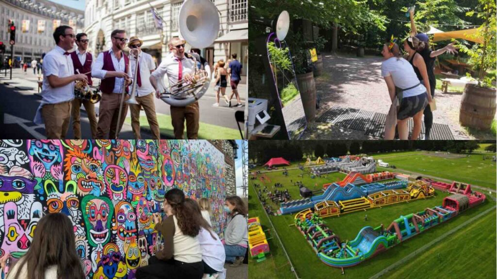 A collage of our public event entertainment options from inflatables to art.