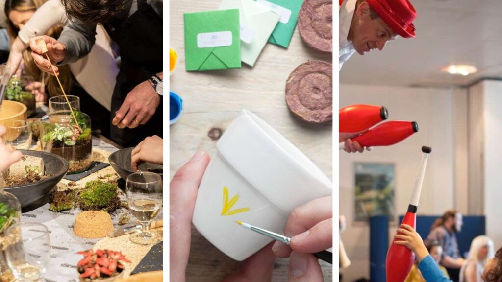 A selection of visitor attraction workshops including plant potting, painting and circus skills workshops. 