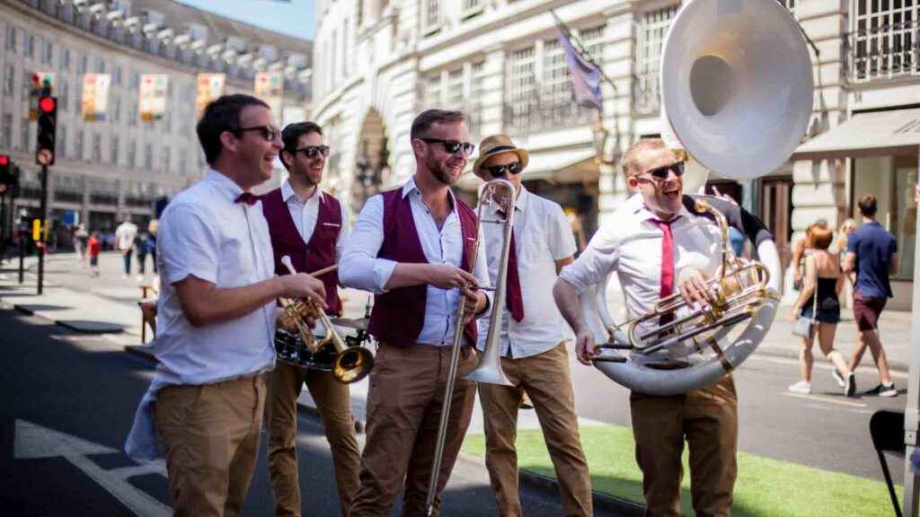 A walkabout party band in London performing at a public event.