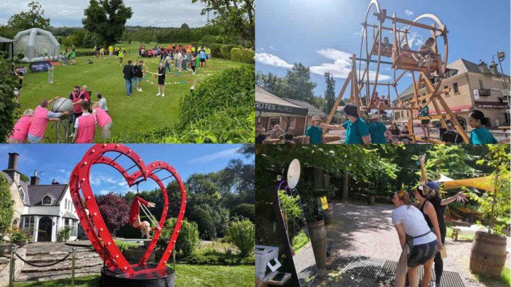 A collage of summer corporate party ideas for your upcoming event, from aerialists to fairground rides.
