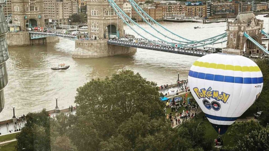 A Pokemon hot air balloon by the London bridge for a brand activation.