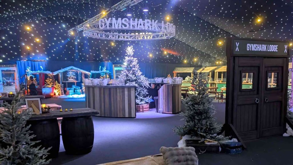 GYMSHARK Lodge Christmas party event space with alpine lodge theme.