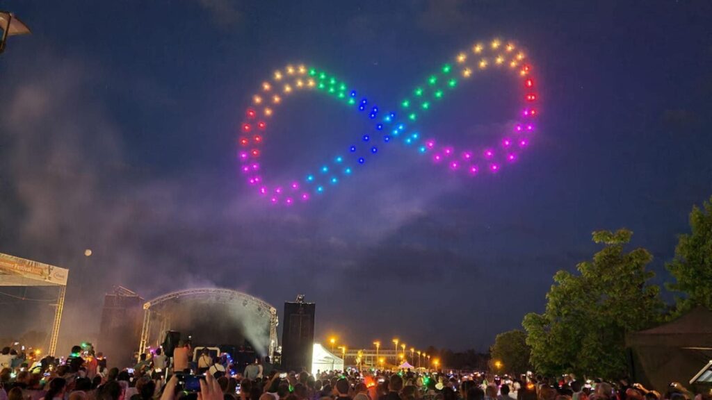 An international drone show with vibrant colours and designs understood by all.
