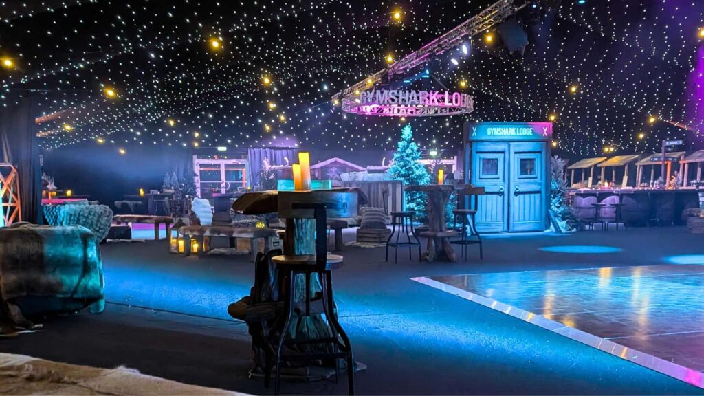 A view inside the Gymshark lodge apre ski themed Christmas party.