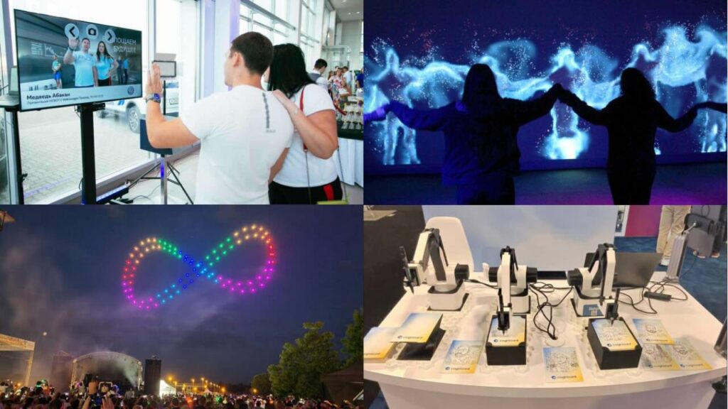 A collage of international event entertainment ideas, from drone shows to AI sketch robots.
