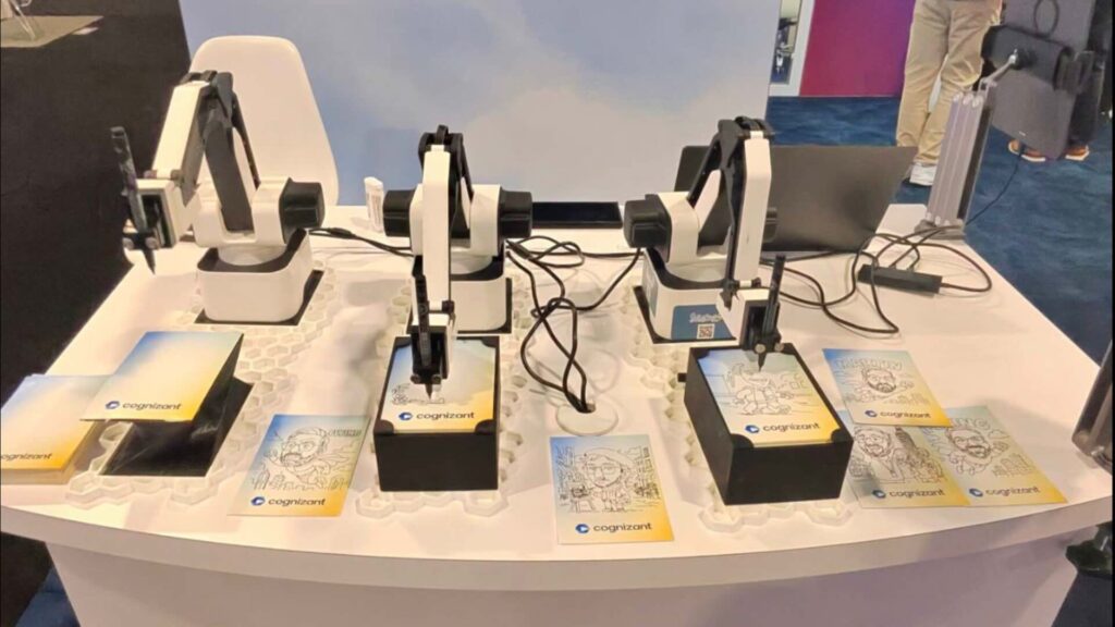 Multiple AI sketch robots at an international exhibition.