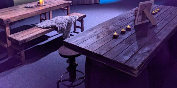 Rustic lodge tables and chairs.