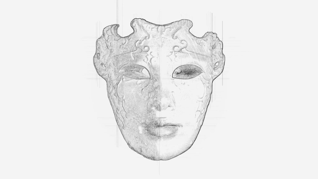 A sketch of our stage mask prop concept for brand activation spaces.