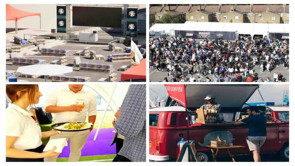 A tennis party ideas collage of sports themed zones.
