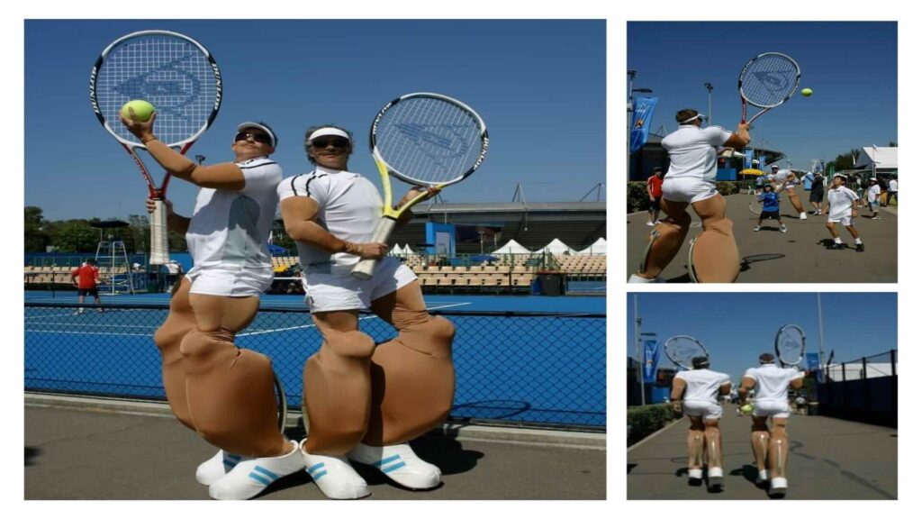 A collage of our tennis-themed stilt walkers at an event.