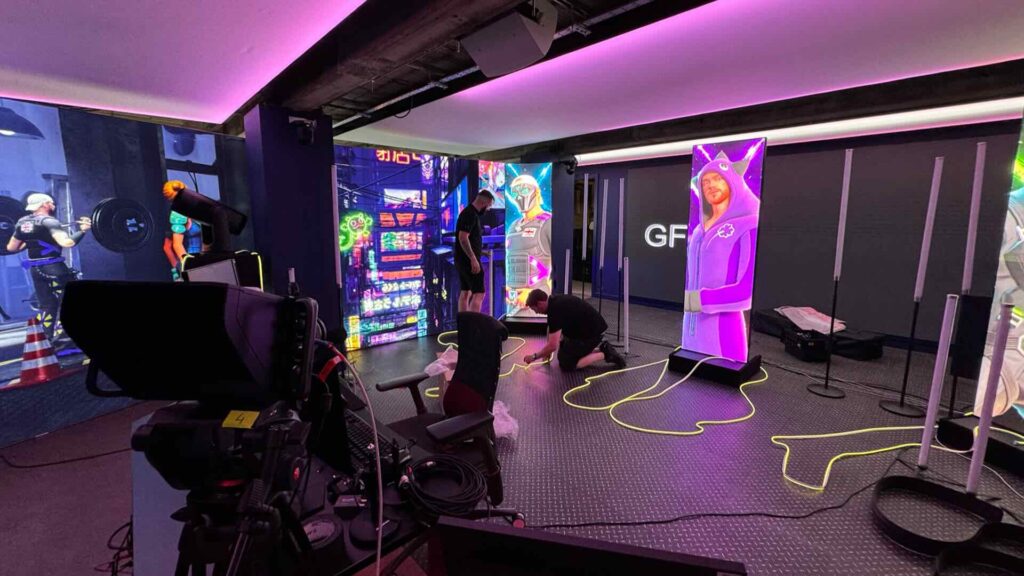 Behind the scenes of the Mongraal Fortnite icon skin reveal stream, showcasing the intricate LED screens, props and more.