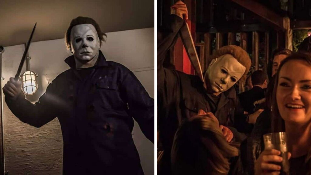 Michael Myers horror film character greeting guests at a Halloween party