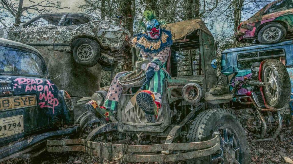 Our Halloween horror clown trio posing for photos at an outdoor horror event.