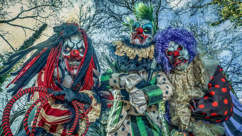Our Halloween horror clown trio posing for photos at an outdoor horror event.