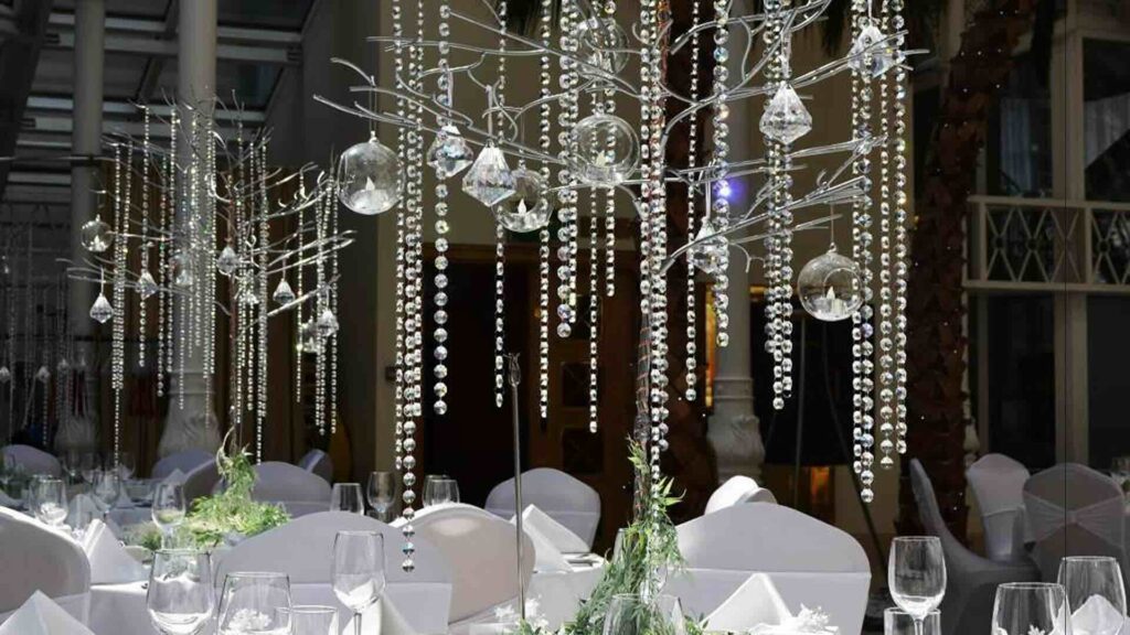 A luxury Christmas tree table centrepiece at a gala dinner.