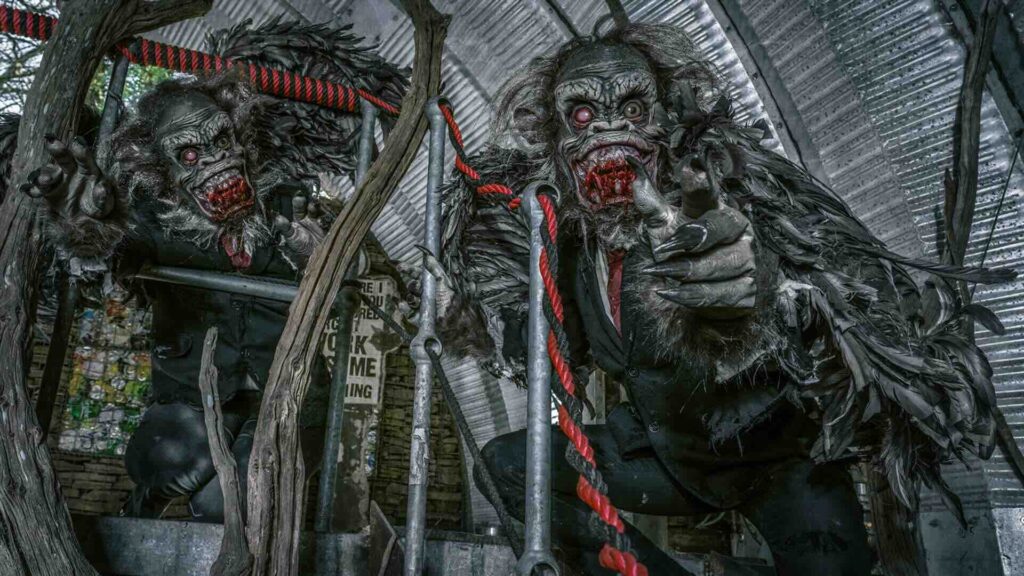 Our scary monkey Halloween act posing for photos, with bloody mouths and intense stares.