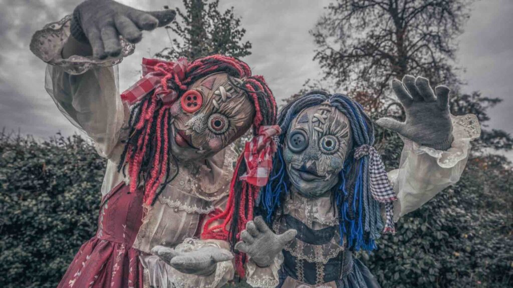 Walkabout Halloween ragdolls performing at an outdoor Halloween event.