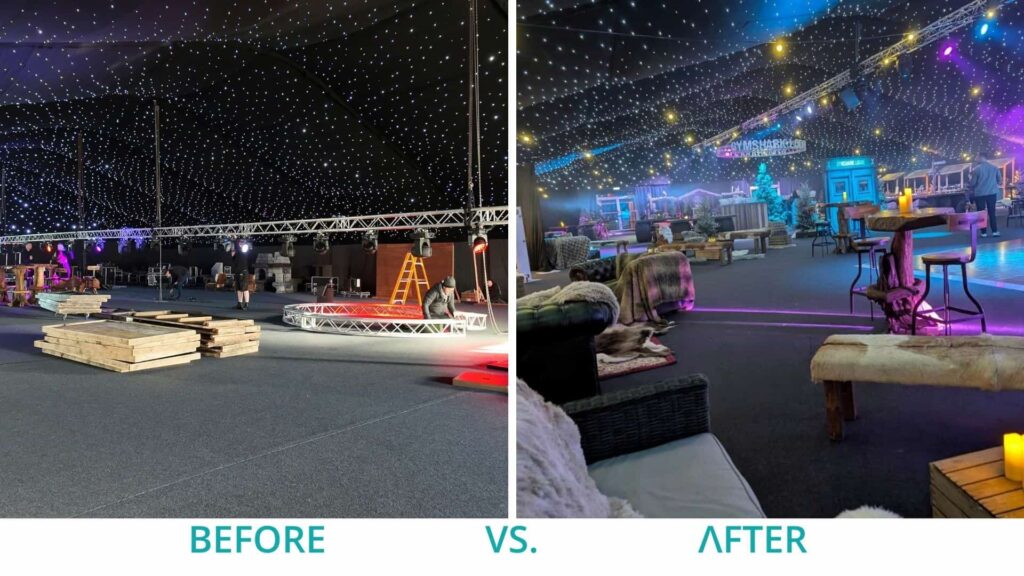 Before and after comparison of a corporate Christmas venue transformation from bare marquee to Alpine Lodge