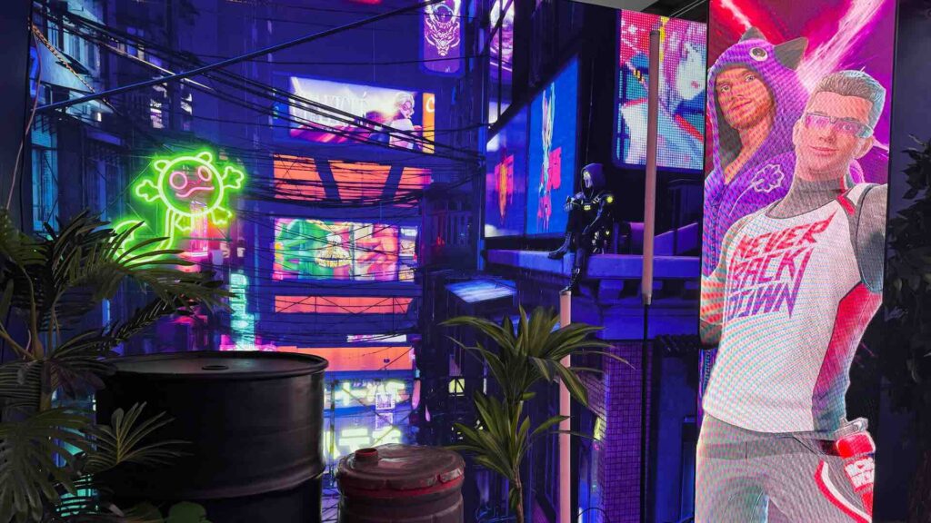 A livestream production shot detailing Mongraal's design elements.
