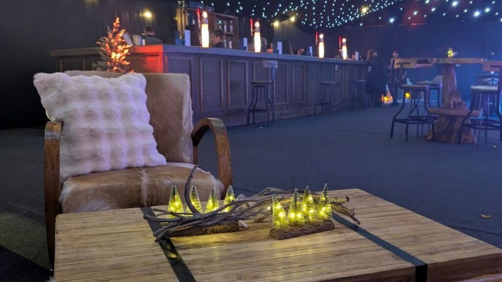 Ski lodge themed table decorations at a corporate Christmas party