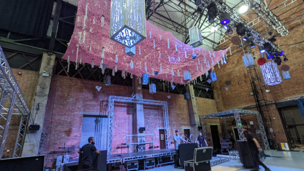 London venue transformation with staging and lighting for a corporate event